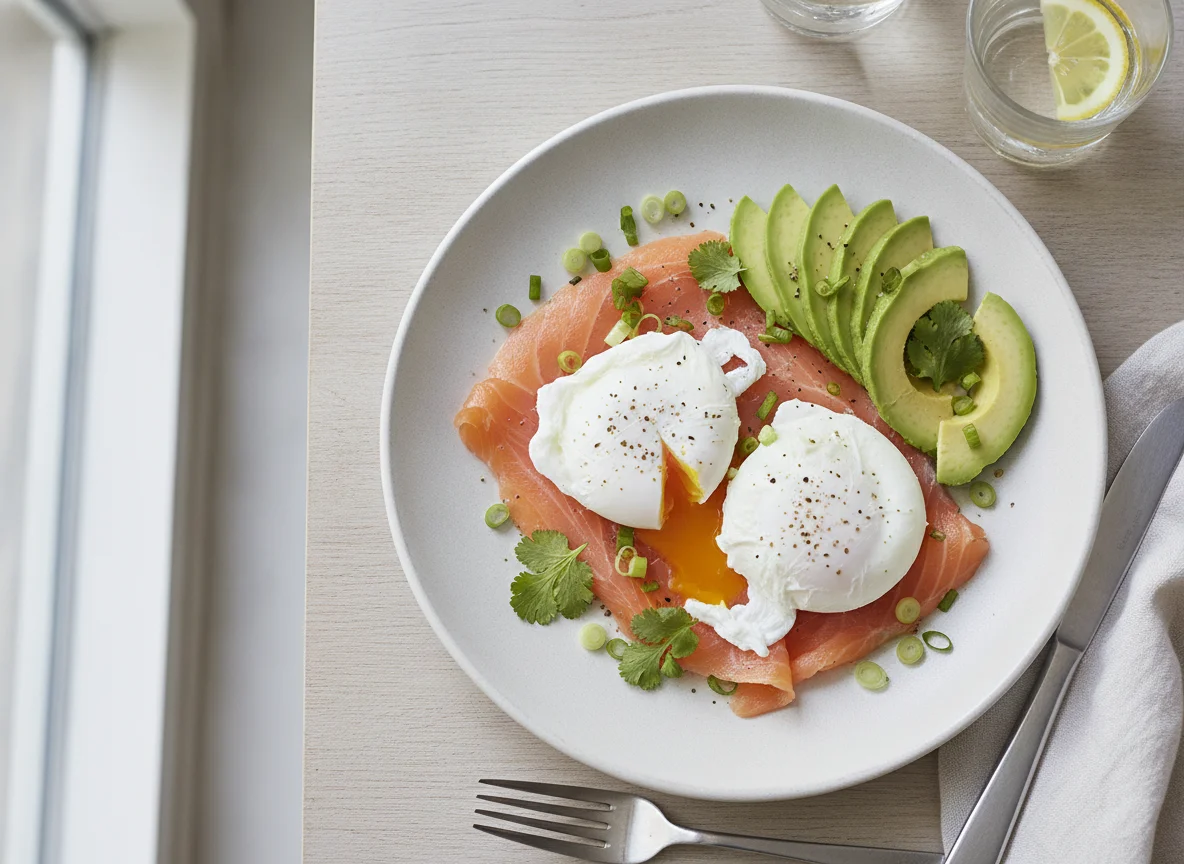 Poached eggs with smoked salmon and avocado photo