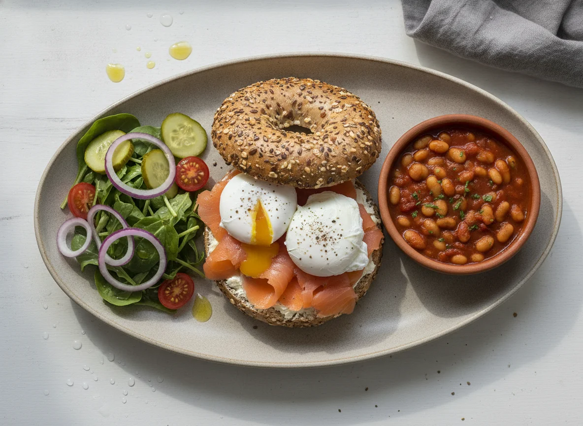 Poached eggs with smoked salmon bagel, baked beans and side salad photo