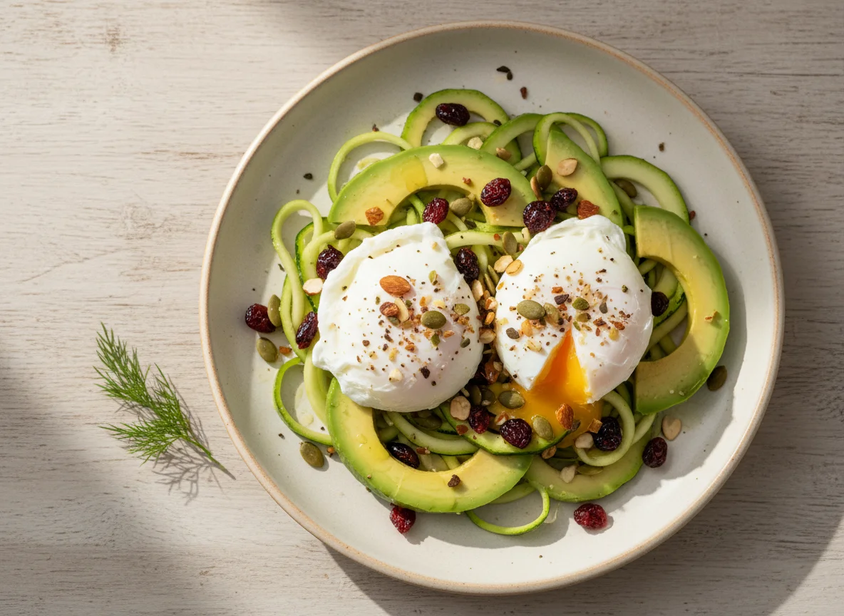 Poached Eggs with Zucchini, Avocado, and Nut/Seed Topping photo