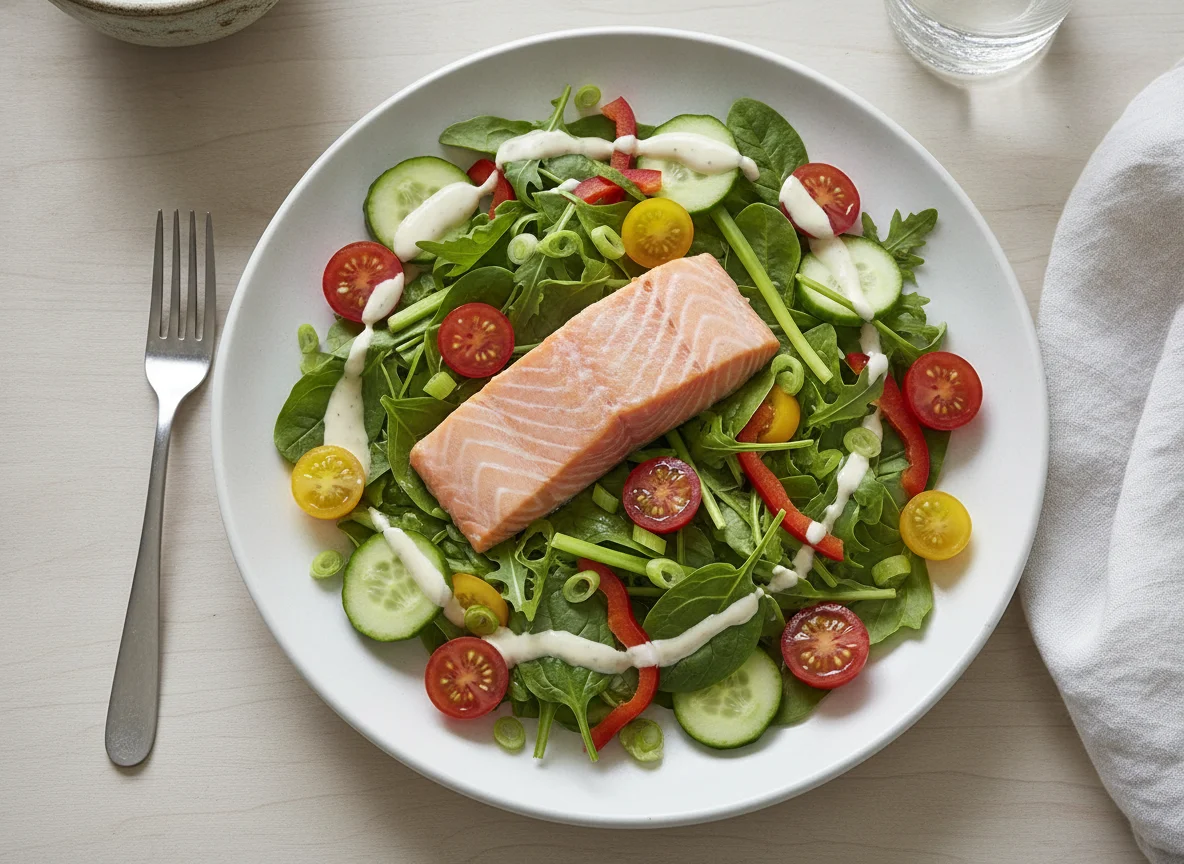 Poached salmon with mixed garden salad and creamy dressing photo
