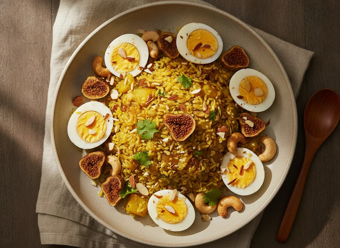 Poha with Boiled Eggs and Dry Fruits photo