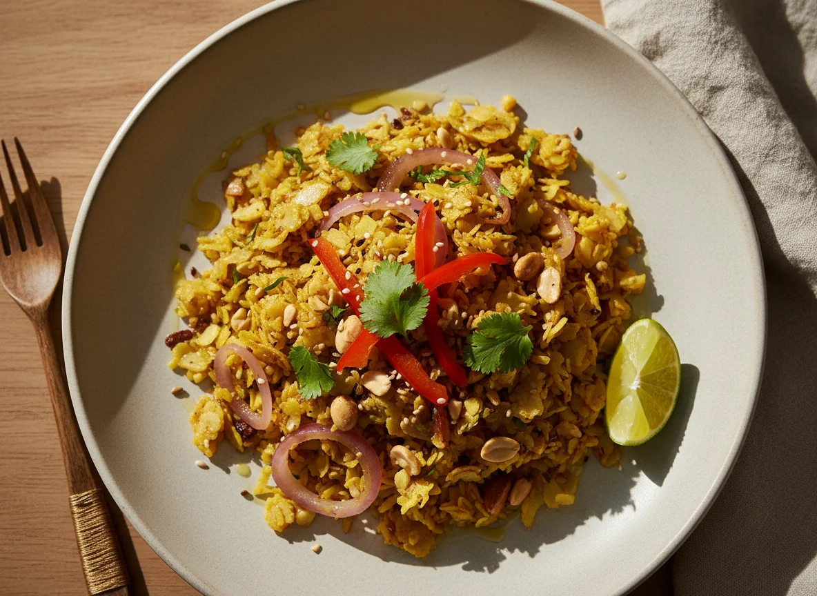 Poha with Onions and Peanuts photo