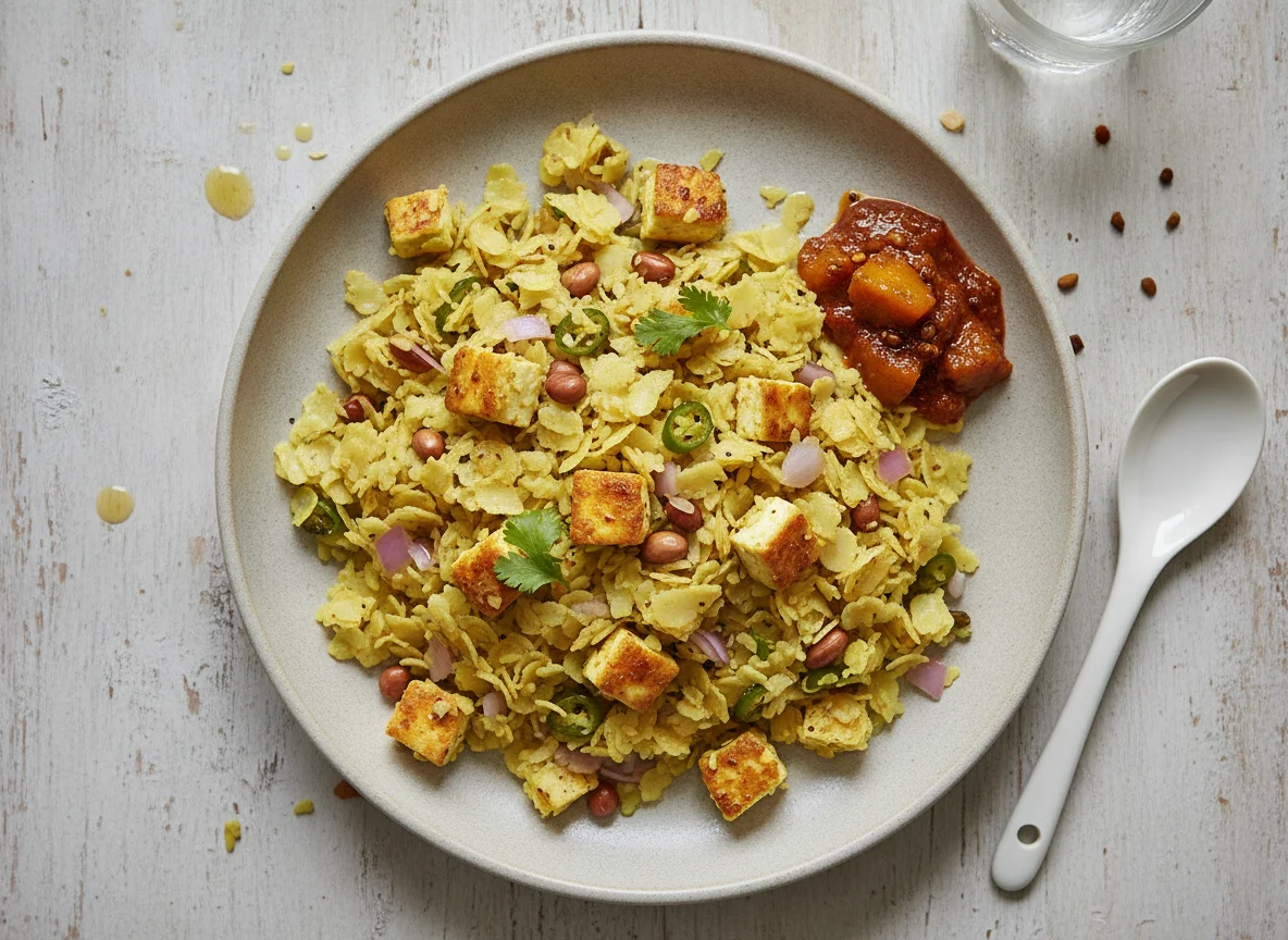 Poha with Paneer and Pickle photo