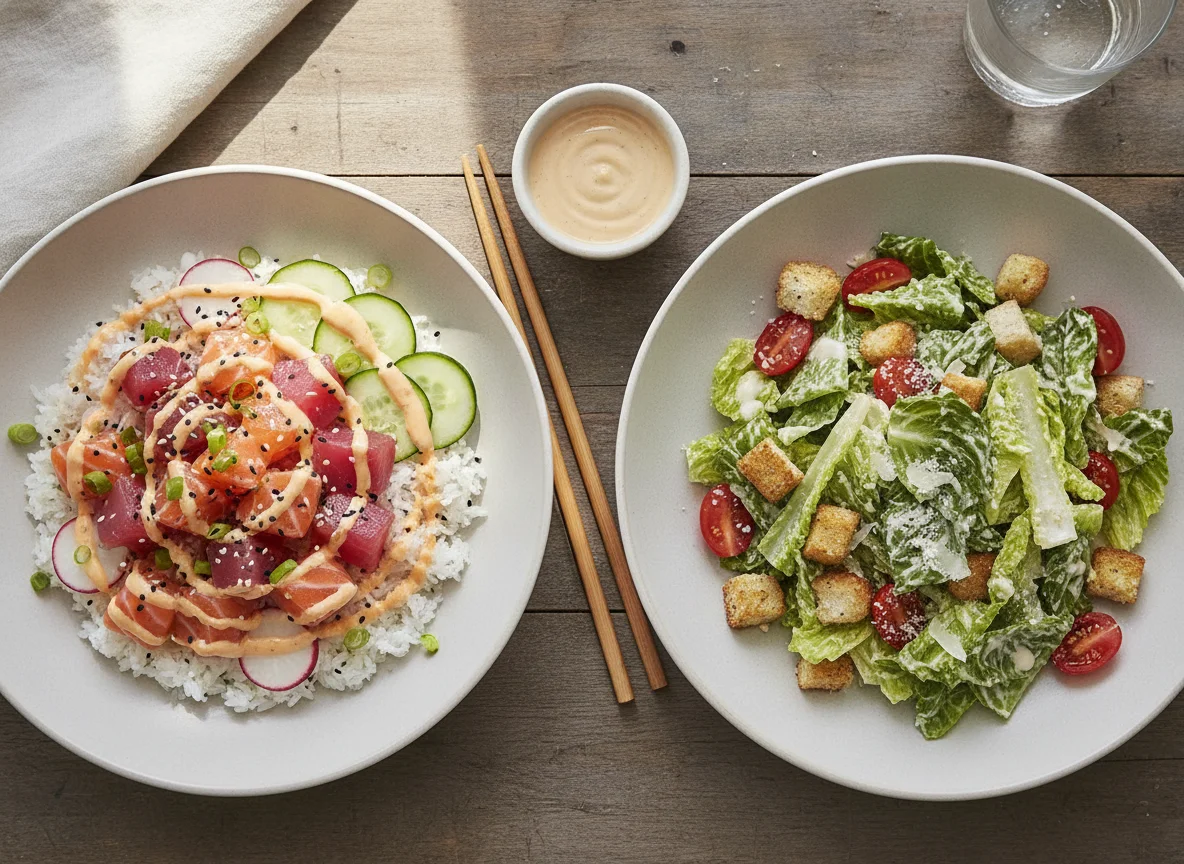 Poke Bowl and Caesar Salad photo