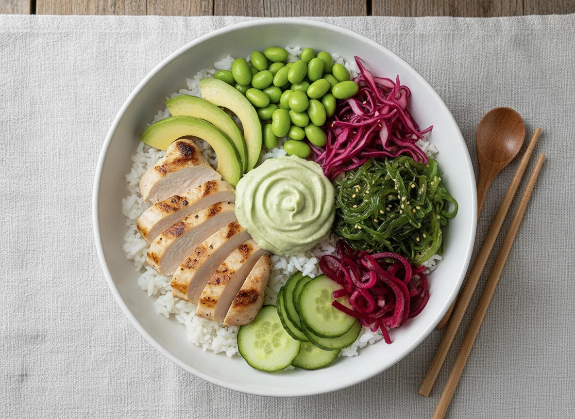 Poke Bowl chicken with wasabi mayonnaise photo