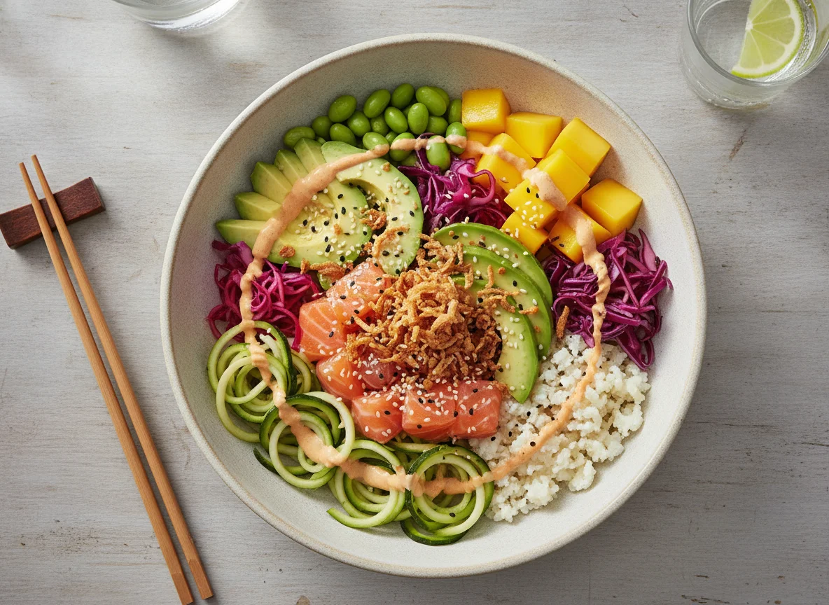 Poke Bowl with Cauliflower Rice and Zoodles photo