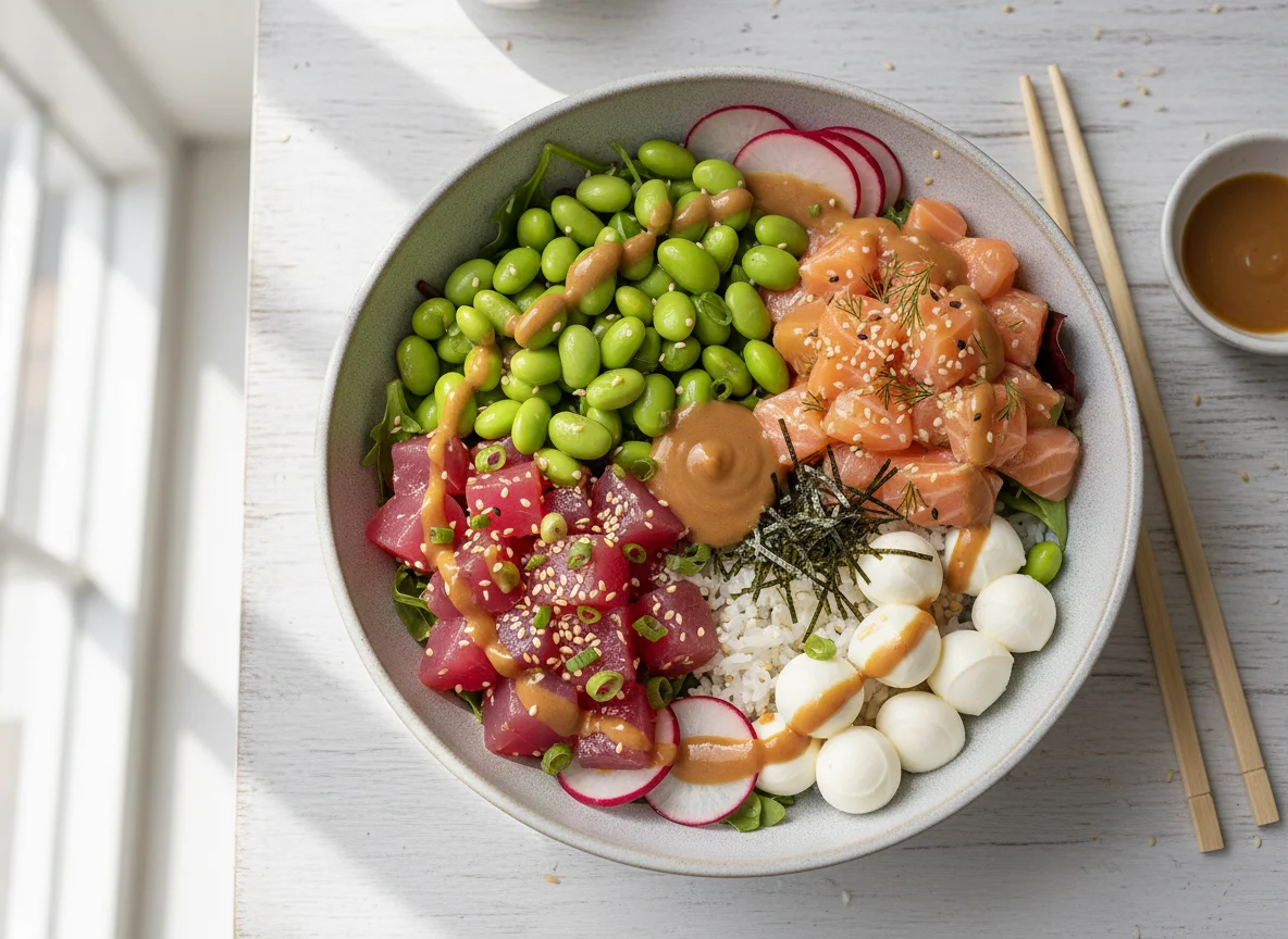Poke Bowl with Edamame and Mozzarella photo