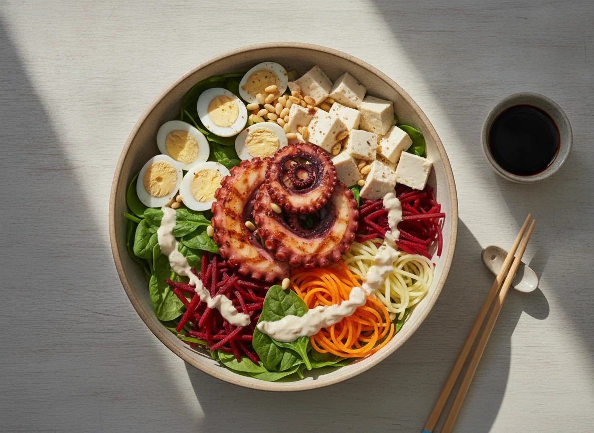 Poke bowl with octopus, tofu, and quail egg photo