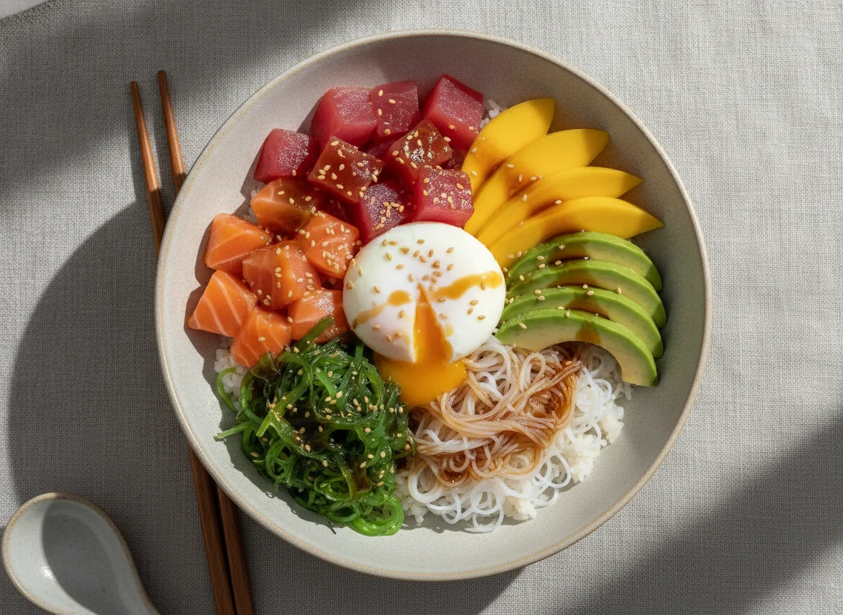 Poke Bowl with Poached Egg and Rice Noodles photo