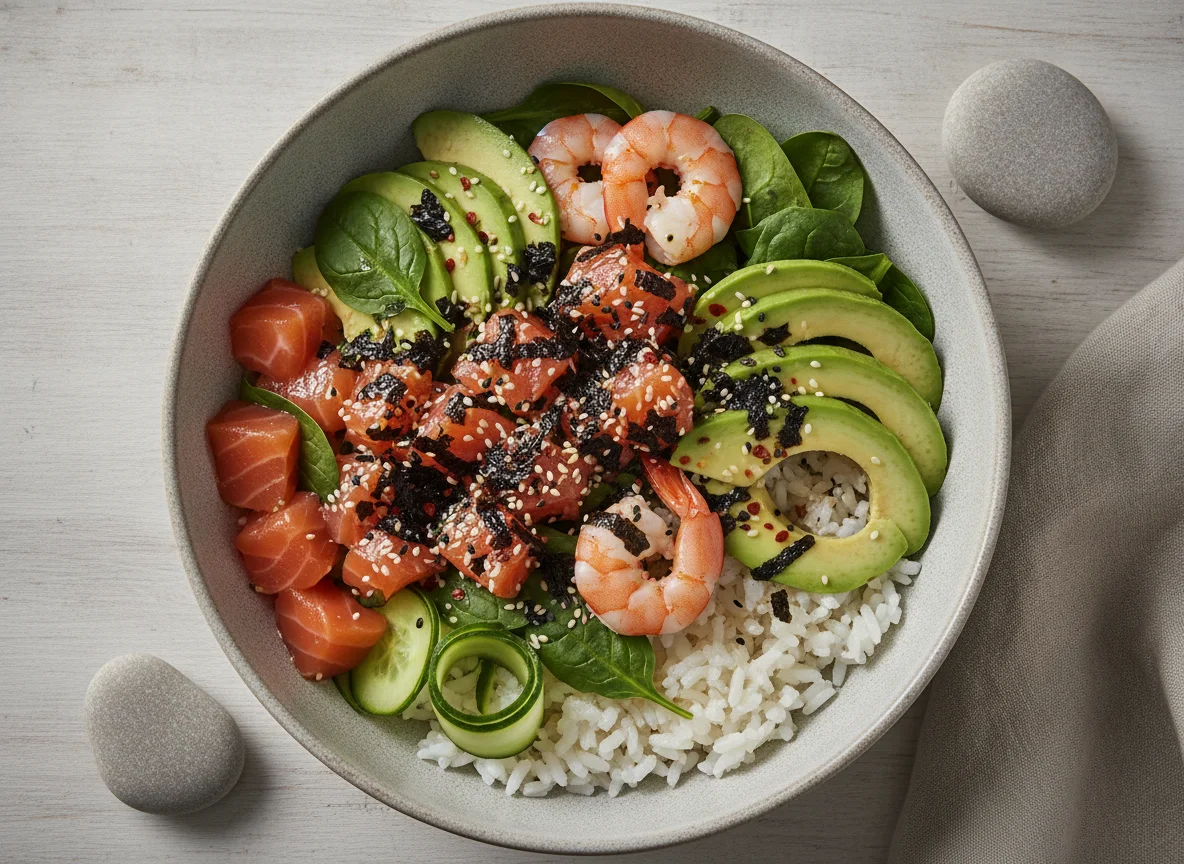 Poke bowl with salmon, shrimp, and avocado photo