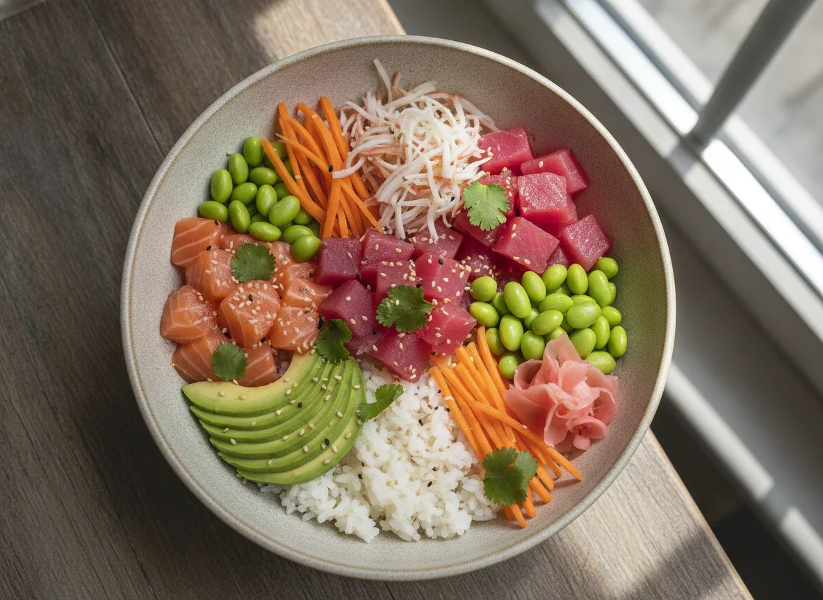 Poke Bowl with Salmon, Tuna, and Crab Stick photo
