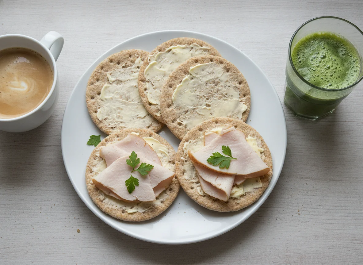 Polarbrød with turkey slices, green juice, and coffee with milk photo