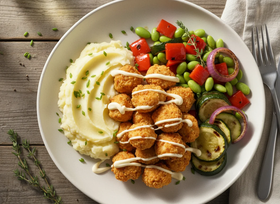Popcorn Chicken with Mashed Potatoes and Roasted Vegetables photo