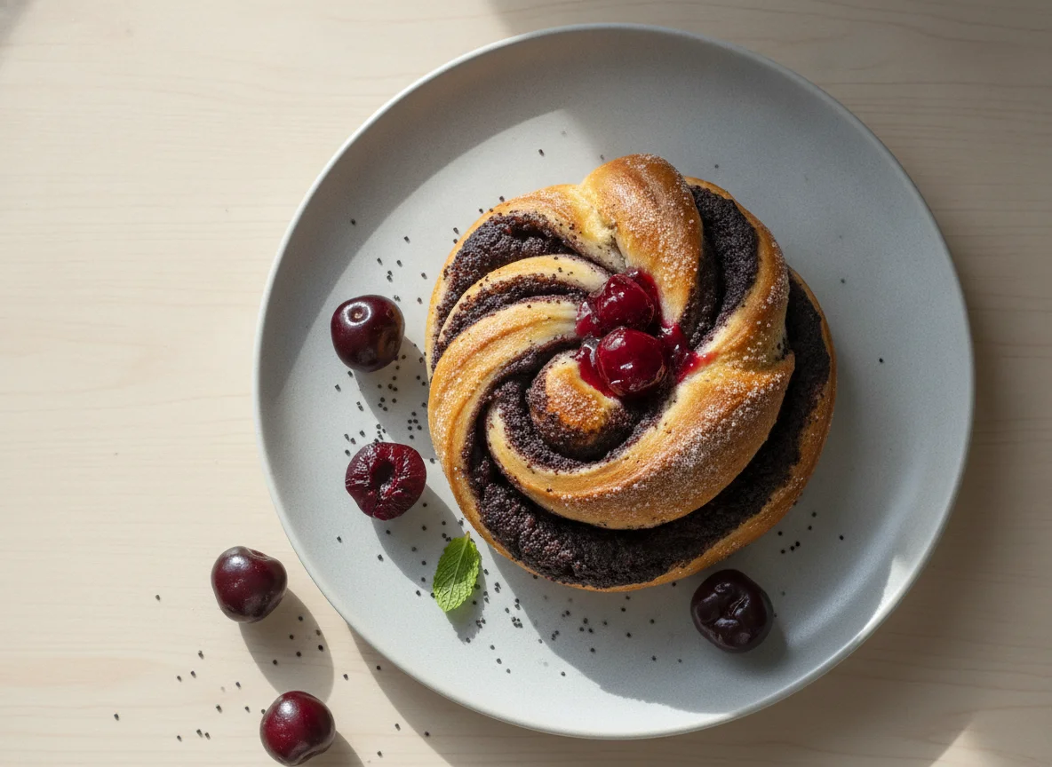 Poppy seed and cherry bun photo