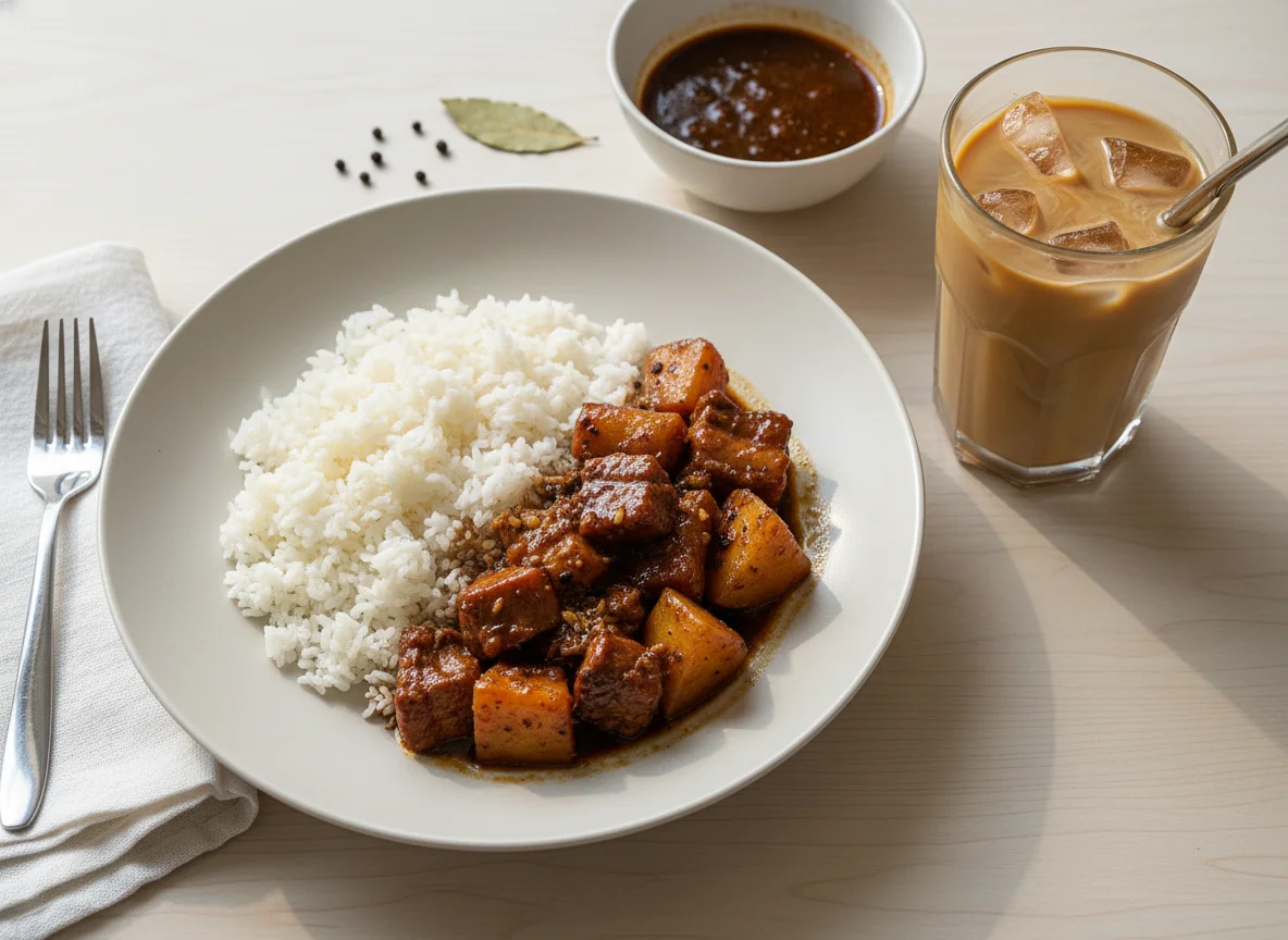 Pork Adobo with Potatoes and Rice with Iced Coffee photo
