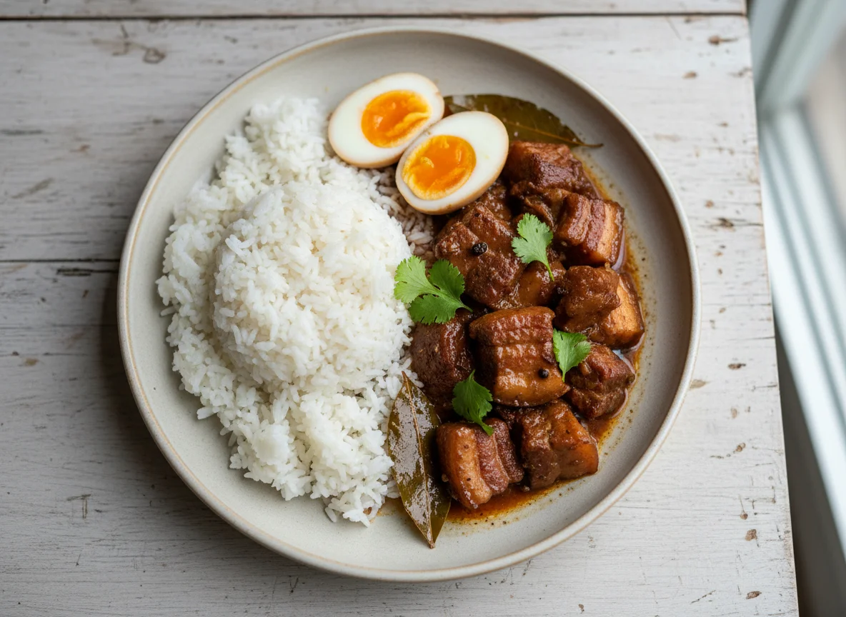 Pork Adobo with Rice and Boiled Egg photo