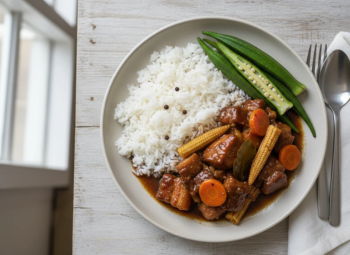 Pork Adobo with Rice and Okra photo