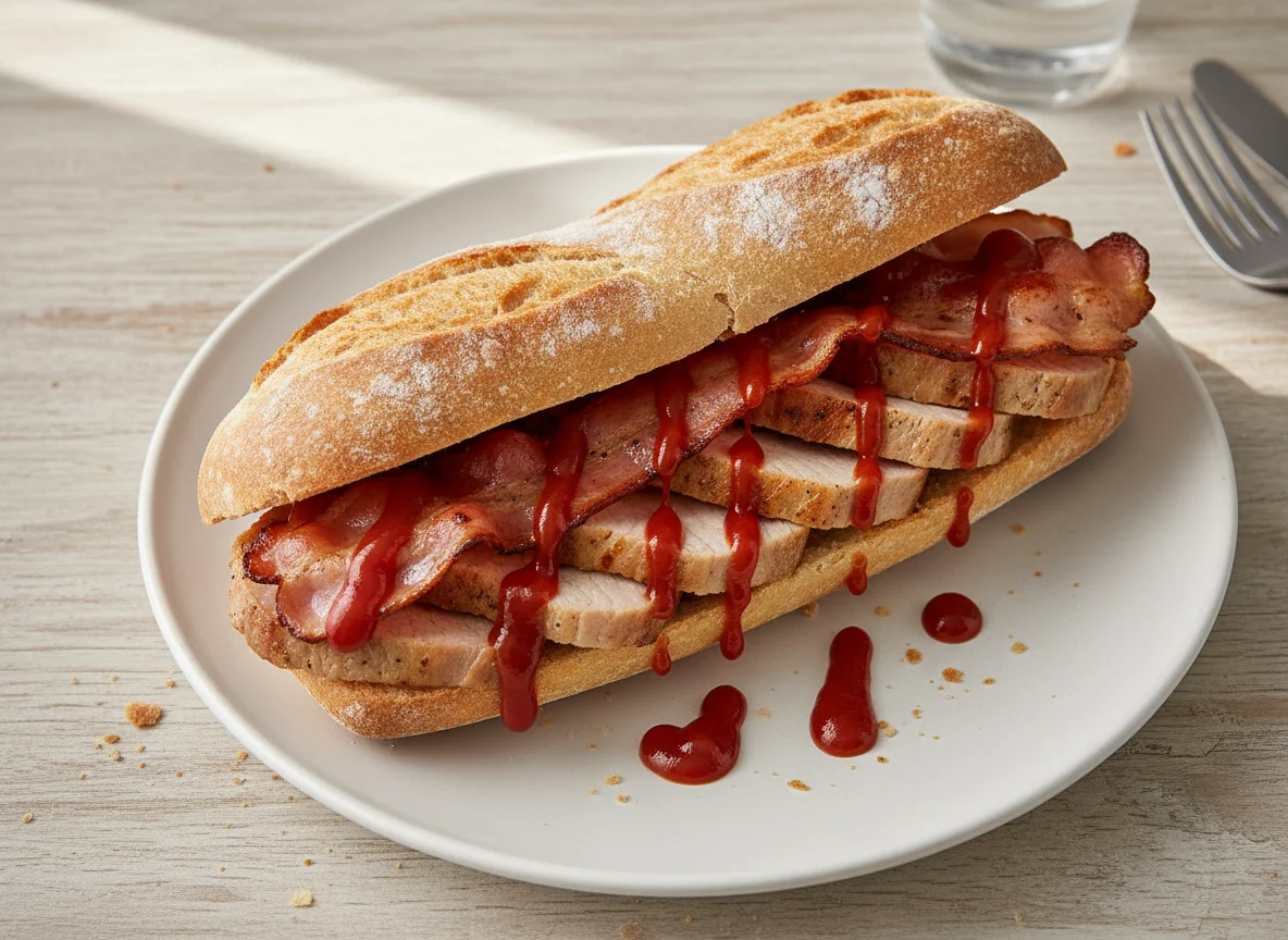 Pork and Bacon Baguette with Ketchup photo