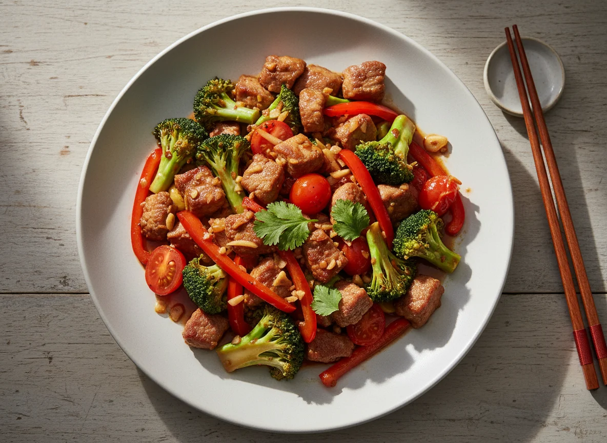 Pork and Broccoli Stir-fry with Tomatoes and Peppers photo