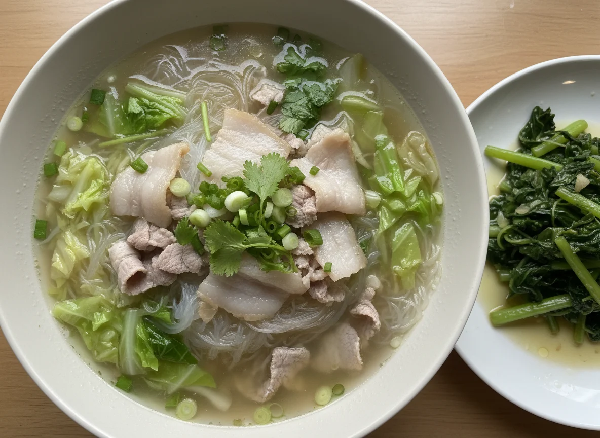 Pork and Cabbage Vermicelli Soup with a side of Stir-fried Greens photo