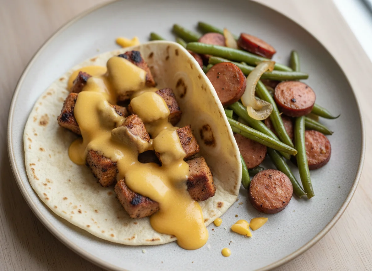 Pork and Cheese Taco with Green Beans and Sausage photo