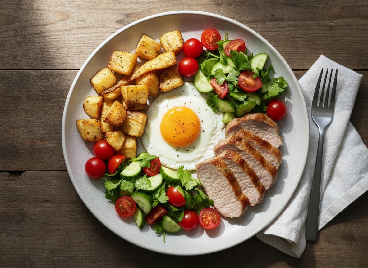 Pork and Egg with Roasted Root Vegetables and Salad photo