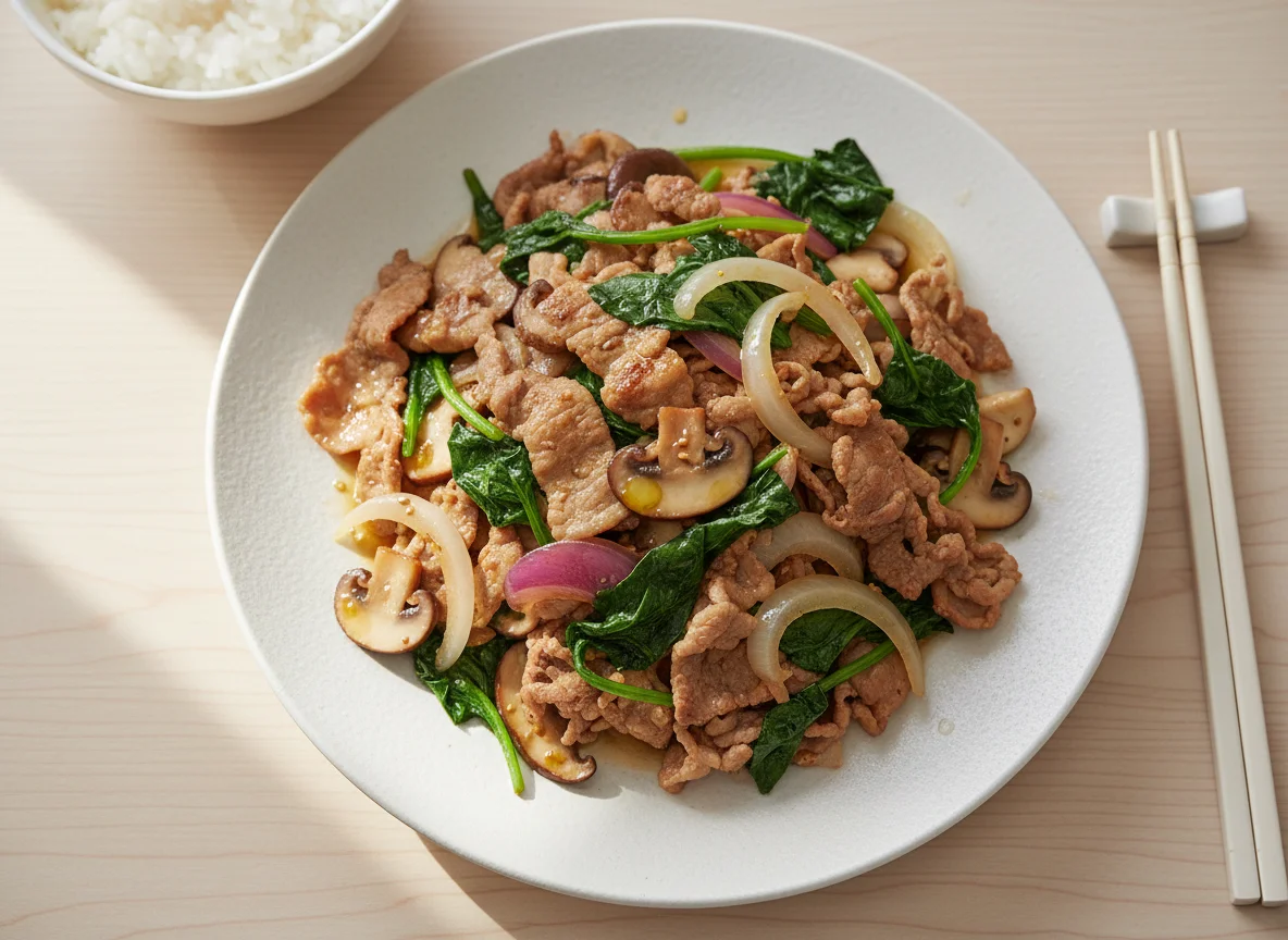 Pork and Spinach Stir-fry with Mushrooms and Onions photo