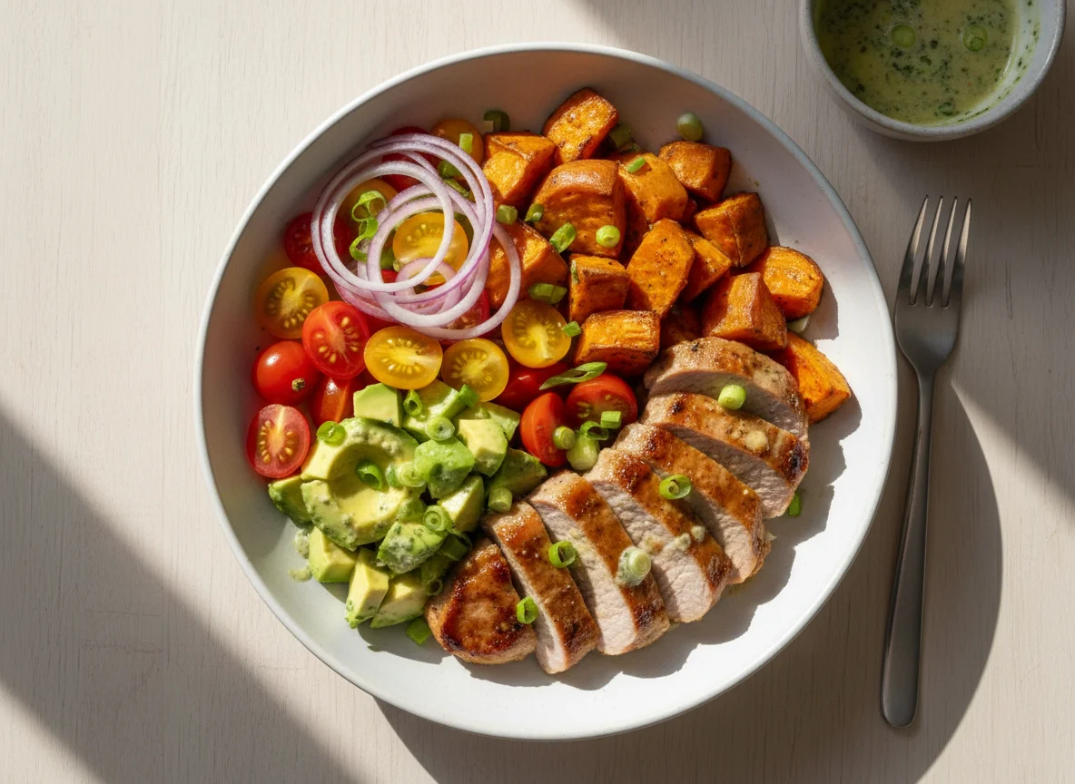 Pork and Sweet Potato Bowl with Avocado and Vegetables photo