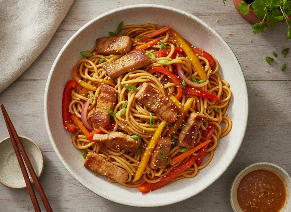 Pork and Vegetable Stir-fry with Egg Noodles photo