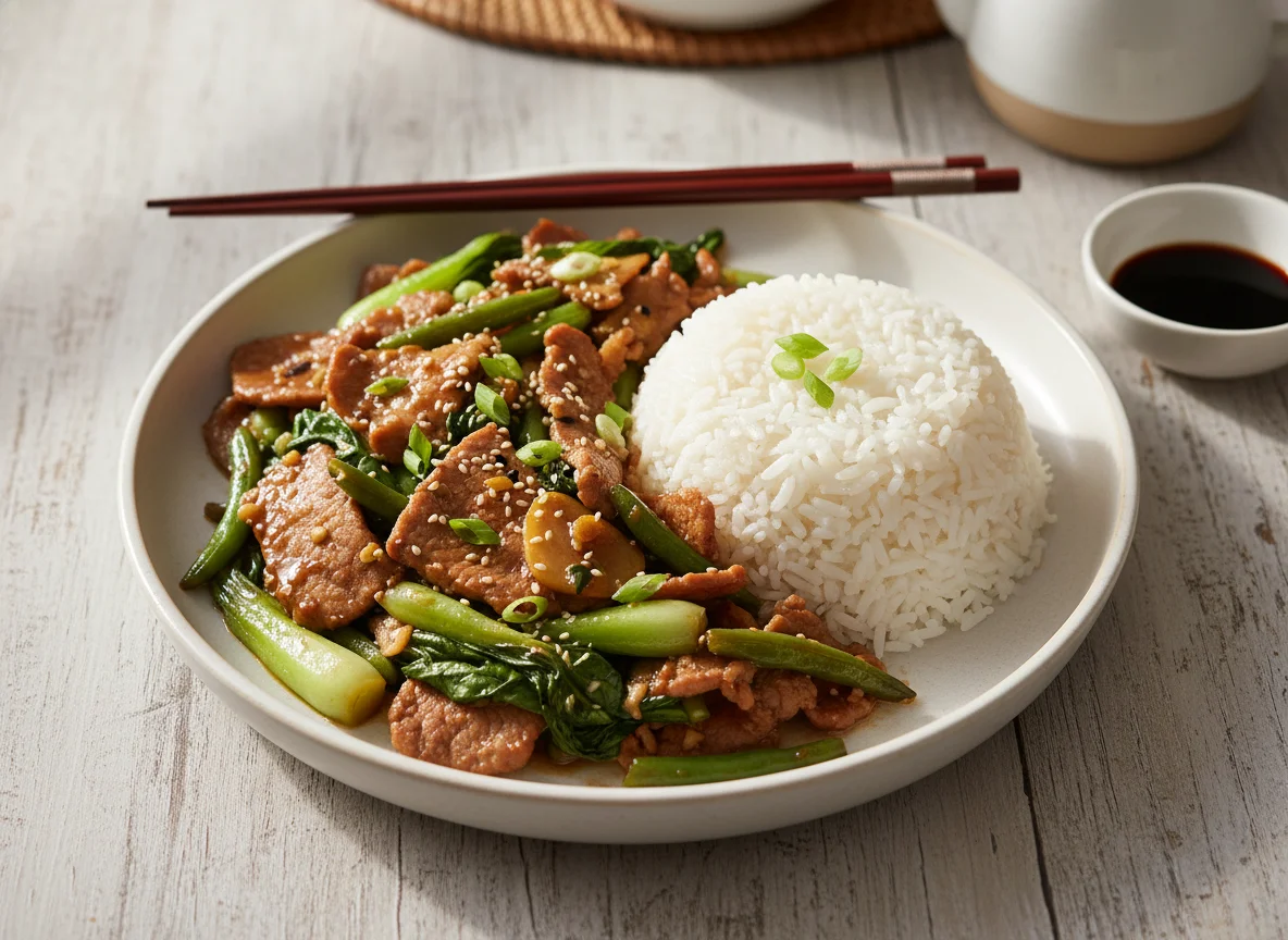 Pork and Vegetable Stir-fry with Rice photo