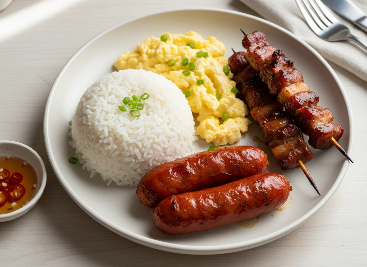 Pork BBQ with Rice, Eggs, and Longganisa photo