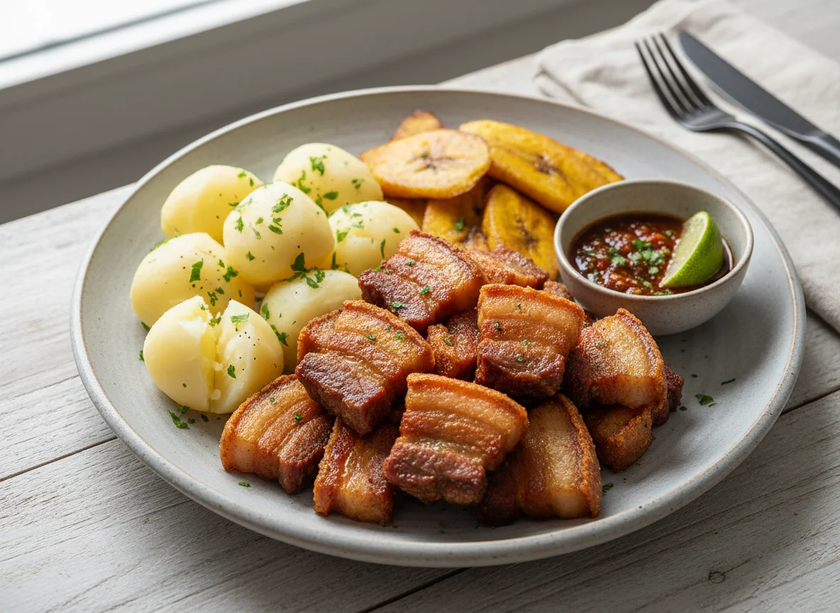 Pork Belly, Boiled Potatoes, and Fried Plantain photo