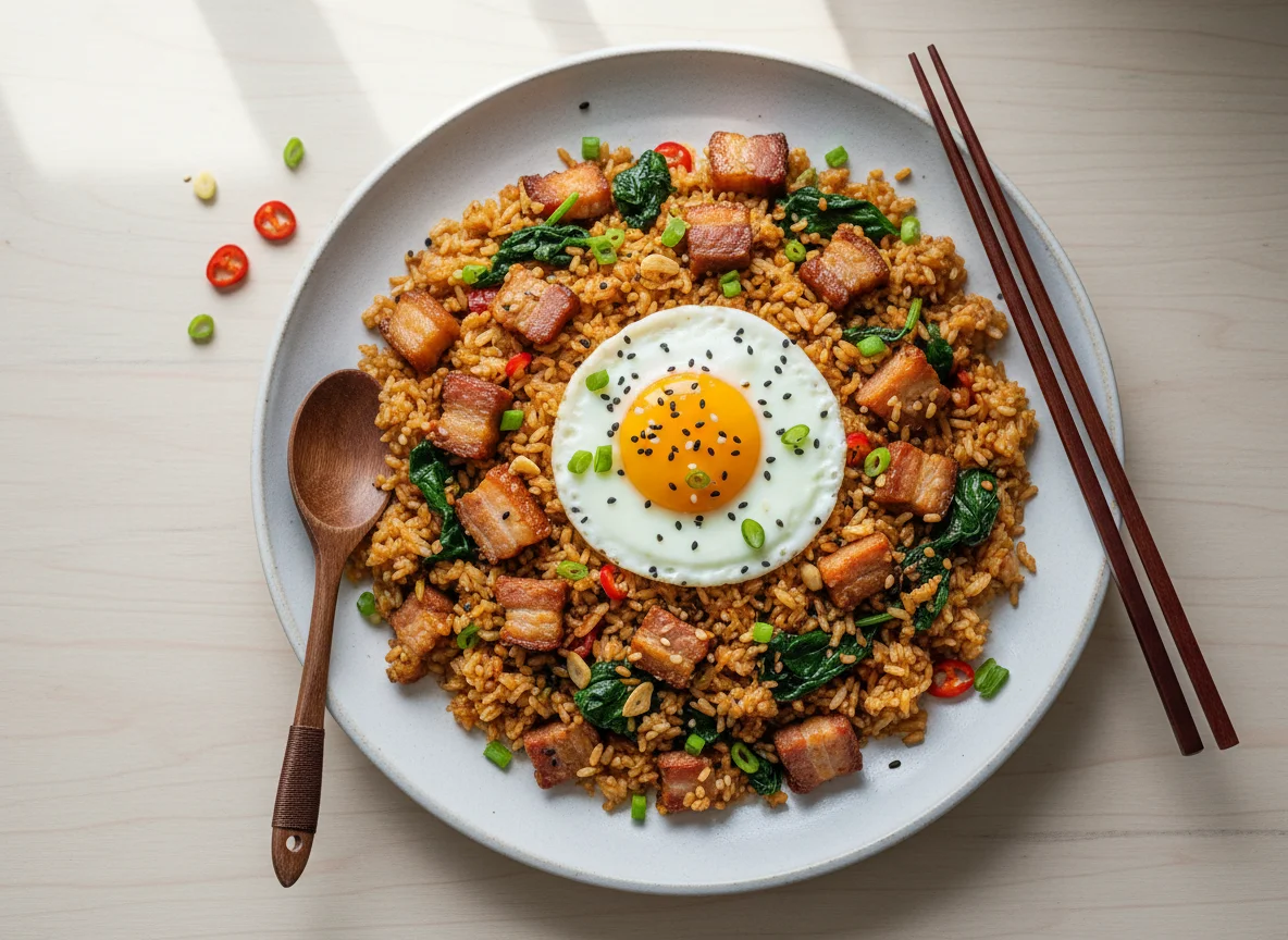 Pork Belly Fried Rice with Spinach photo