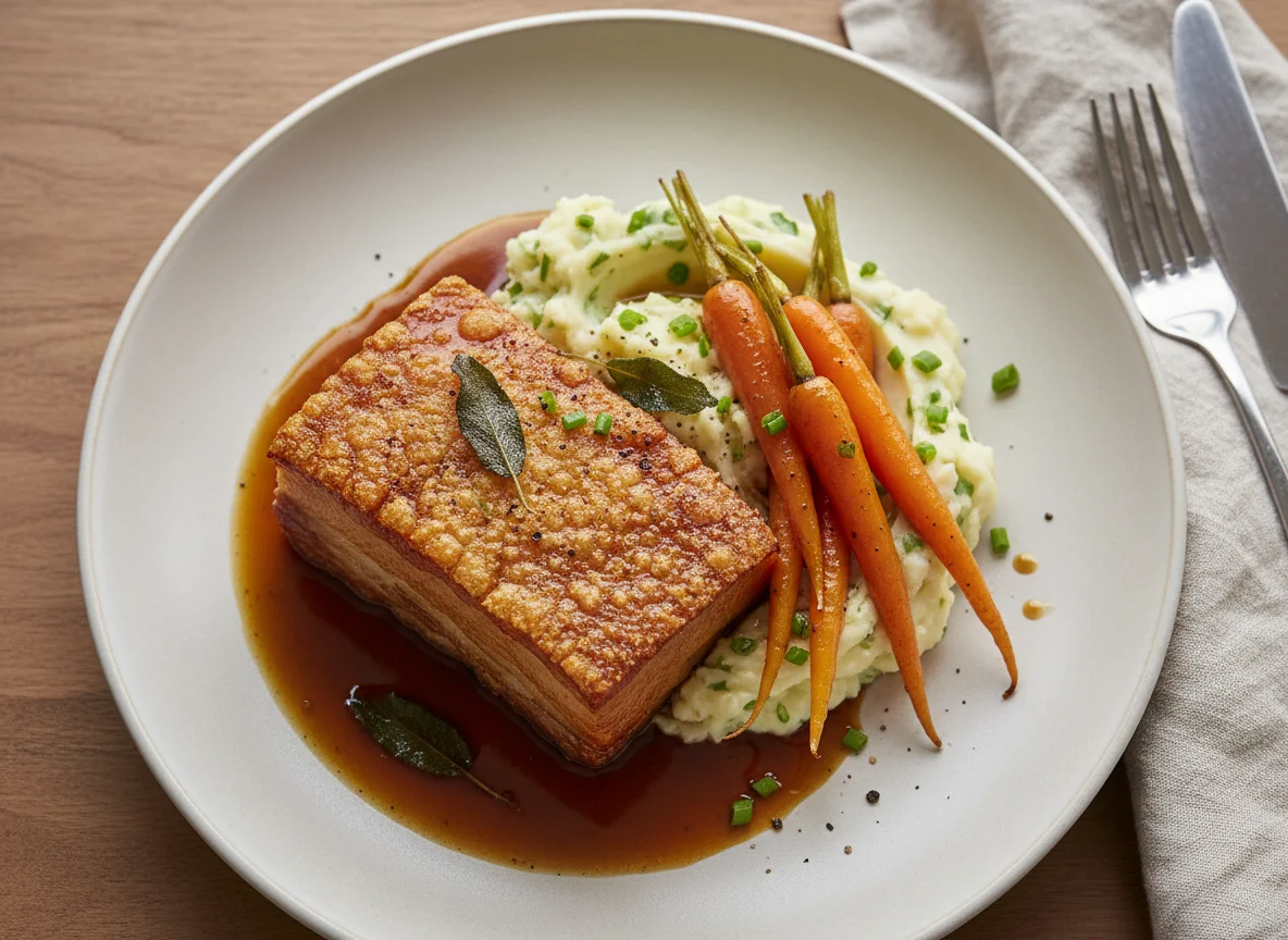 Pork Belly with Mash, Carrots and Gravy photo