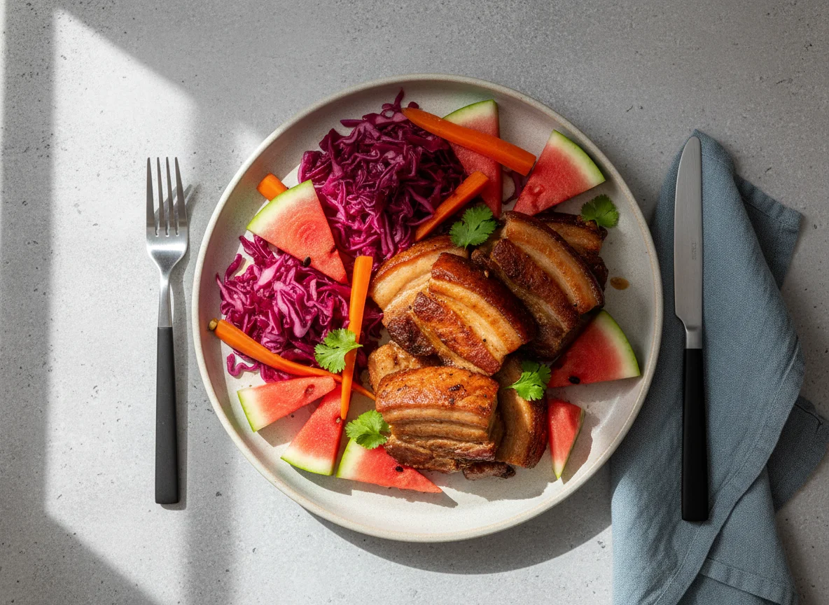 Pork Belly with Pickled Vegetables and Watermelon photo