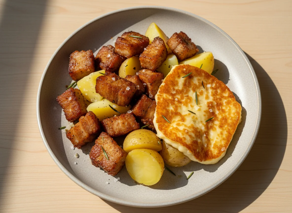 Pork belly with potatoes and fried cheese photo