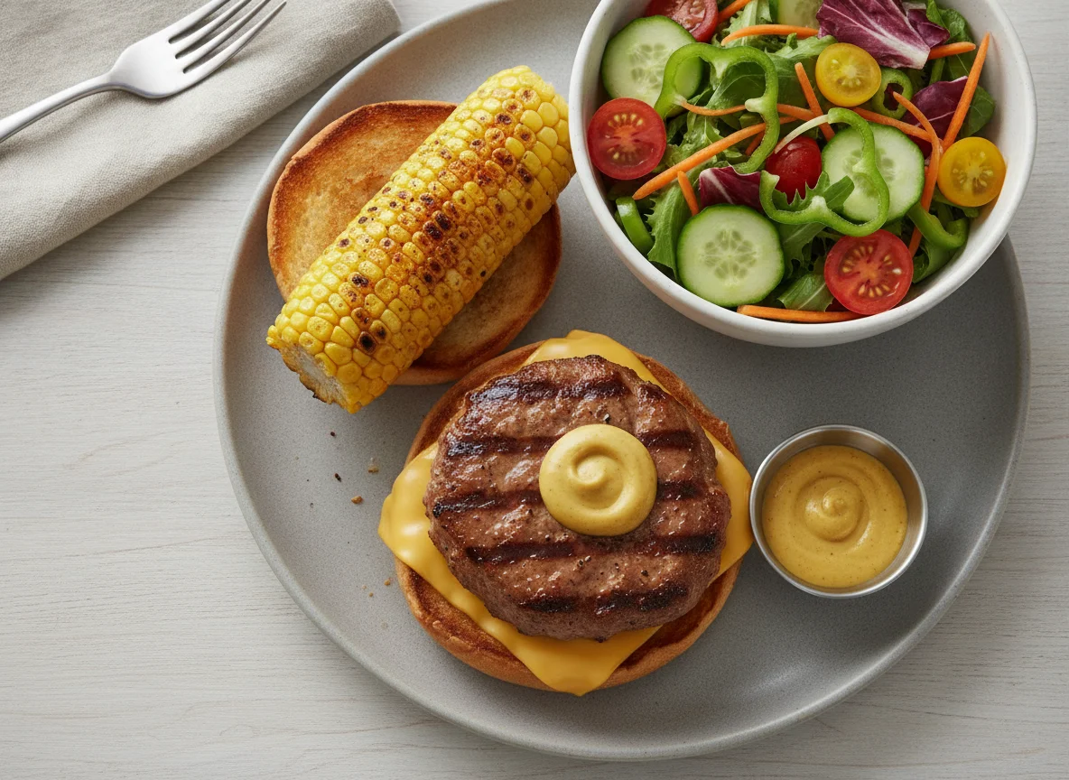 Pork burger with corn and salad photo