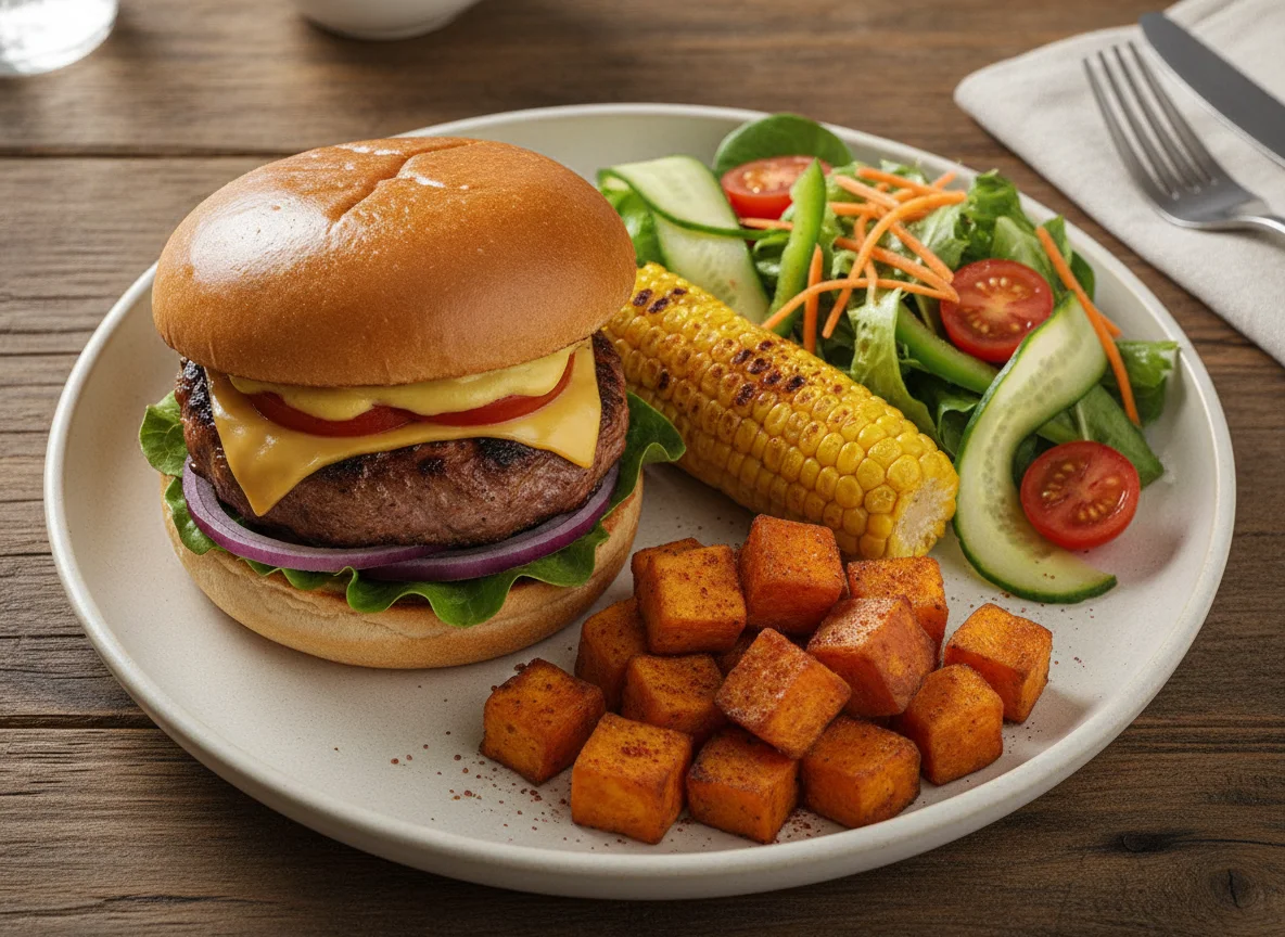 Pork burger with sweet potato, corn on the cob and mixed salad photo