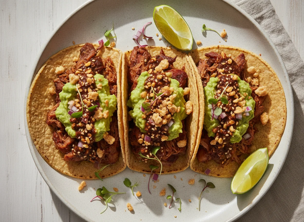 Pork Carnitas Tacos with Guacamole and Salsa Macha photo