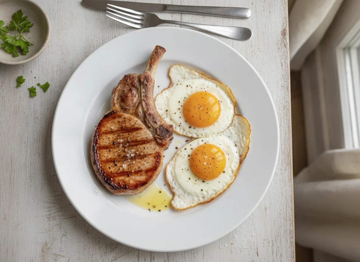 Pork chop and fried eggs photo