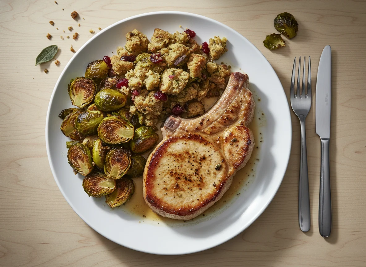 Pork Chop with Brussels Sprouts and Stuffing photo
