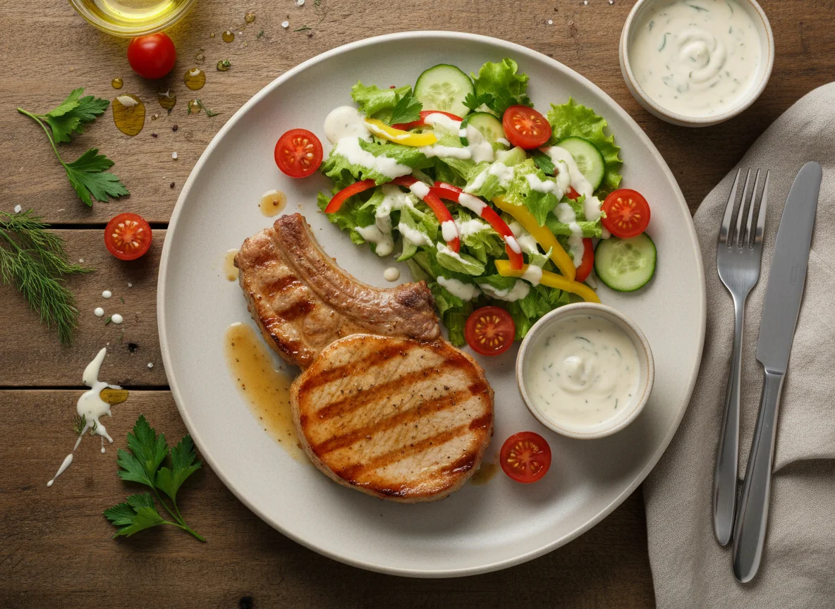 Pork Chop with Garden Salad and Dressing photo