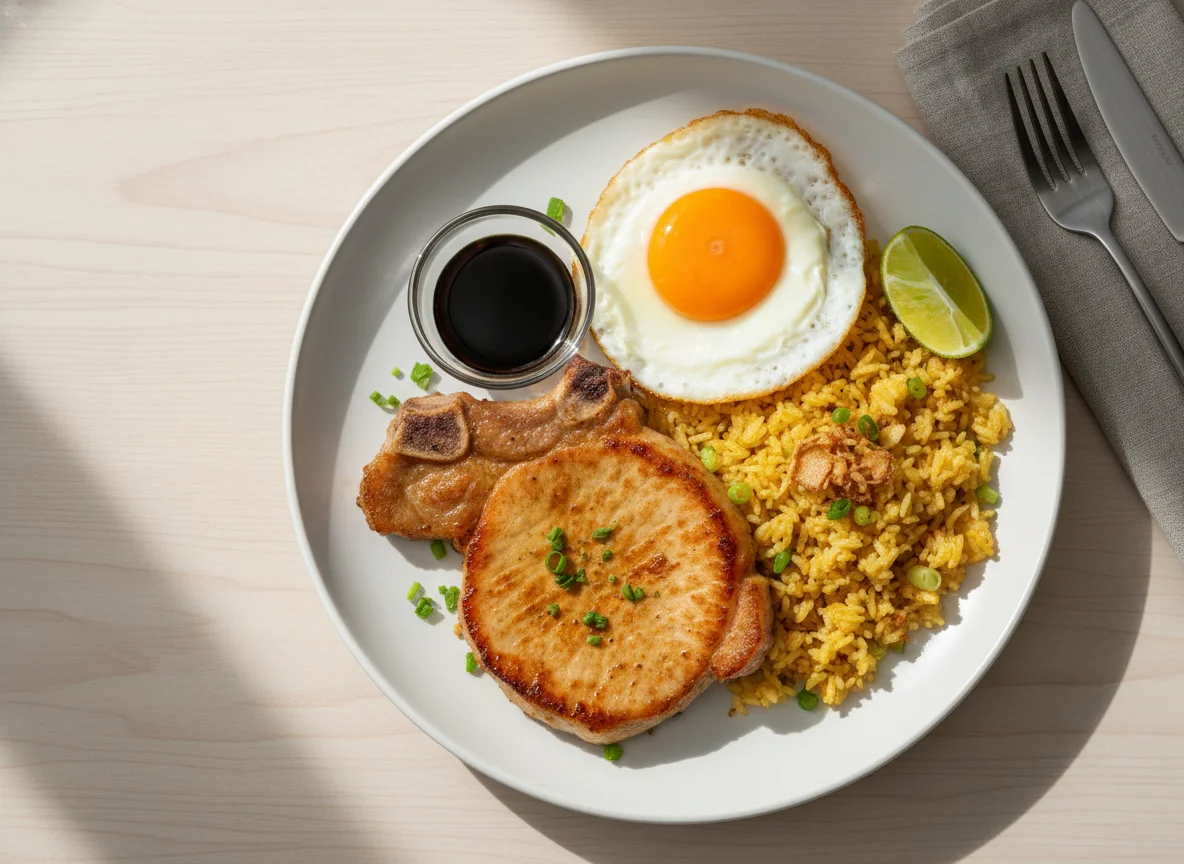 Pork Chop with Garlic Rice and Fried Egg photo