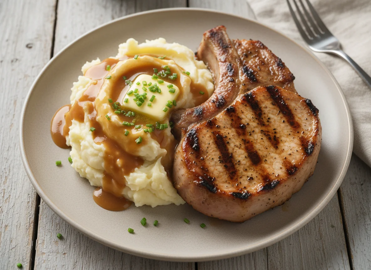 Pork Chop with Mashed Potatoes and Gravy photo