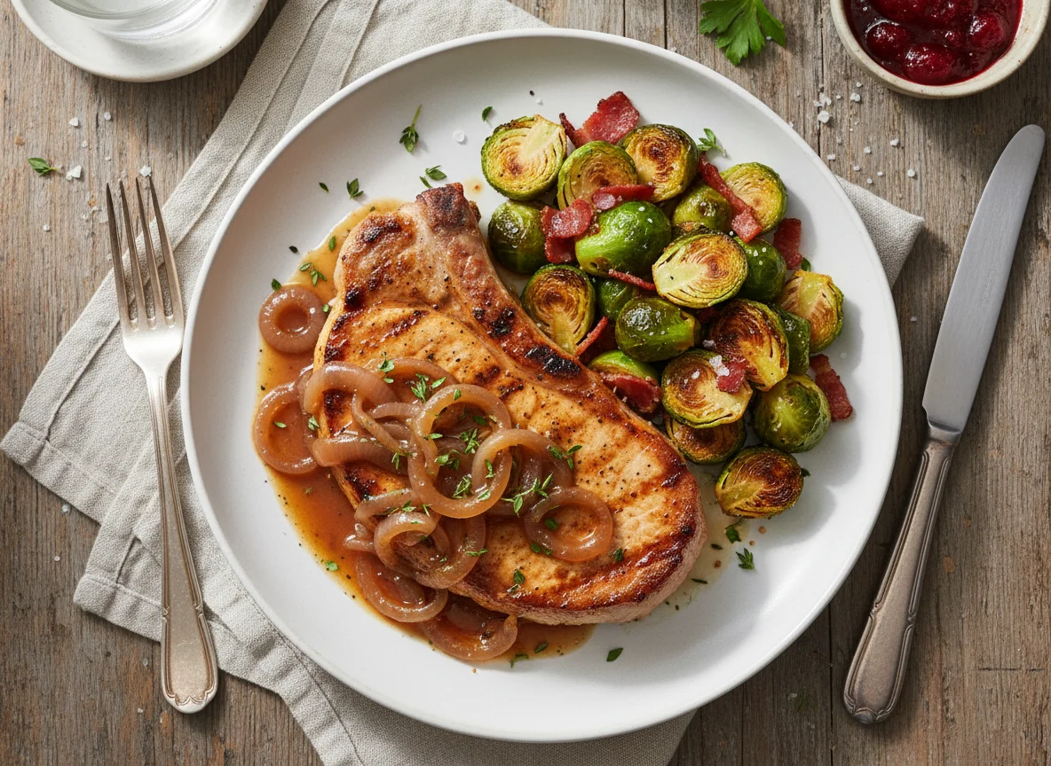 Pork Chop with Onion Gravy and Brussels Sprouts photo