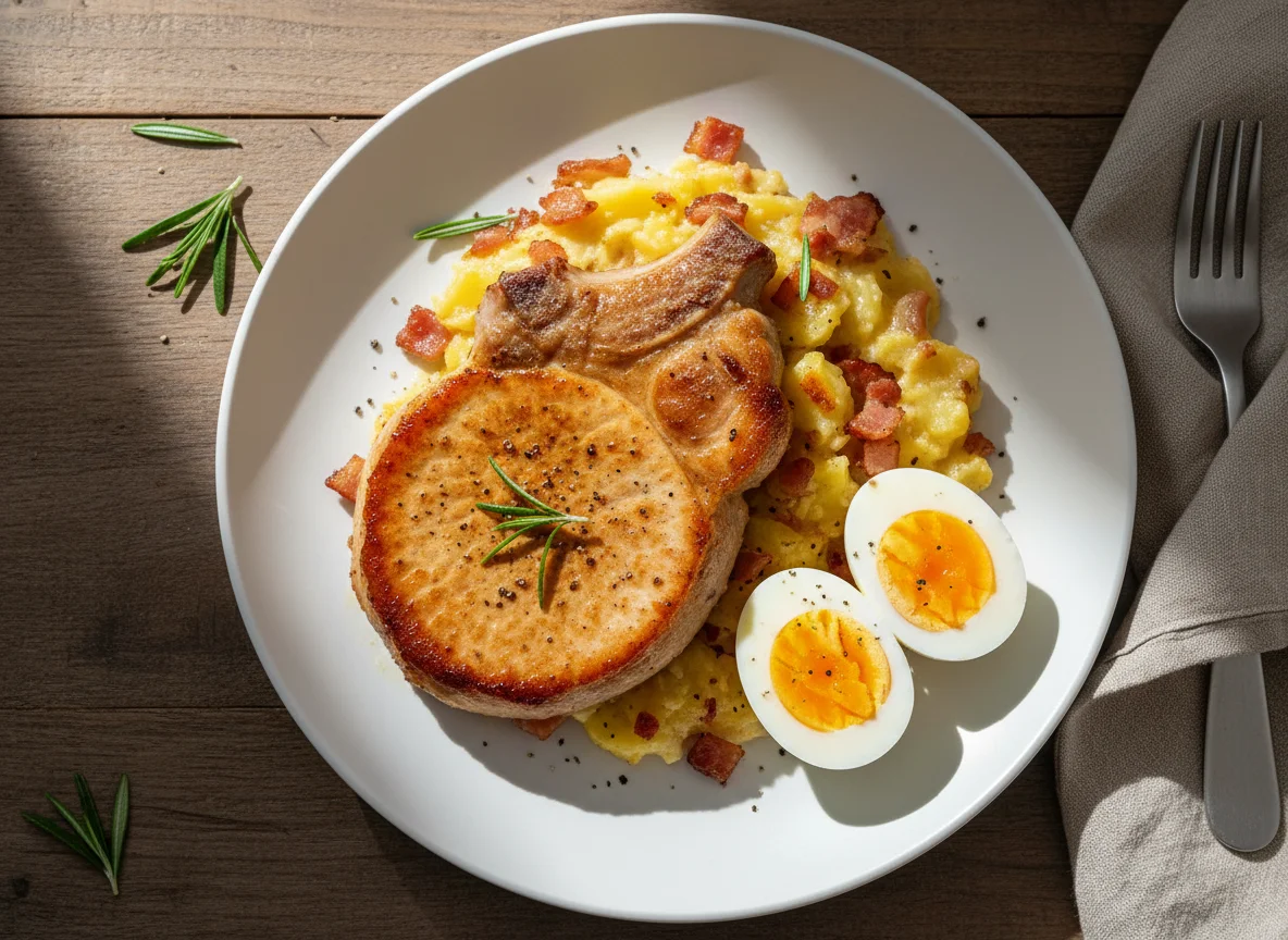 Pork chop with potato gratin and hard-boiled eggs photo