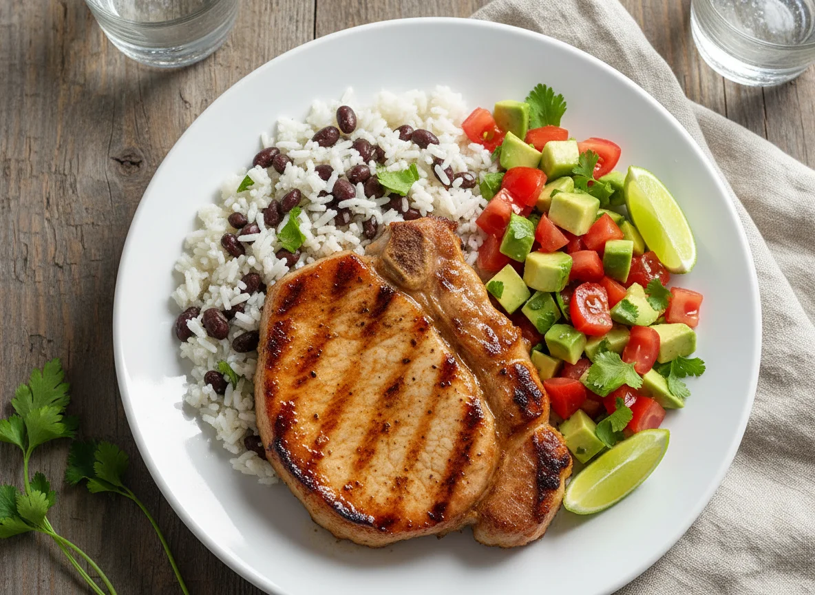 Pork Chop with Rice and Beans and Tomato Avocado Salad photo