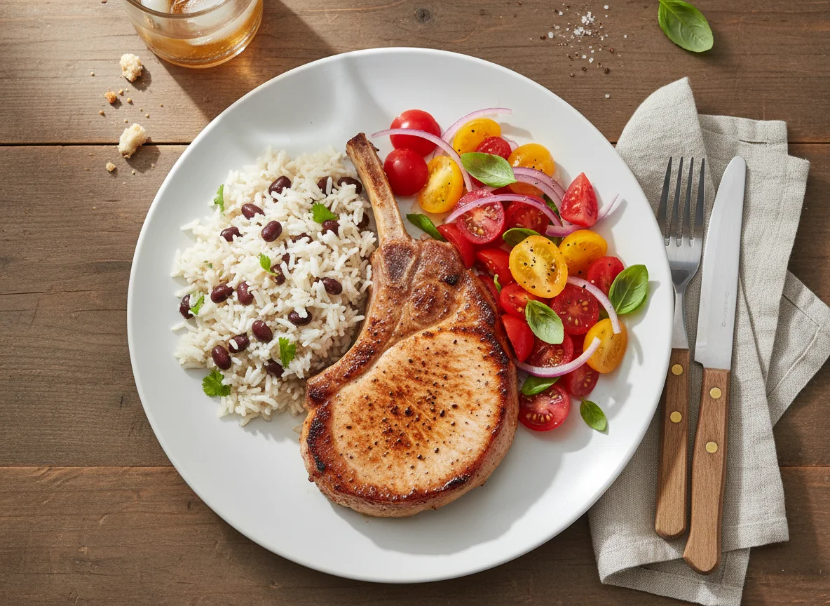 Pork Chop with Rice and Beans and Tomato Salad photo