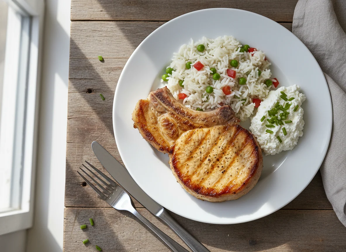Pork chop with rice and cottage cheese photo