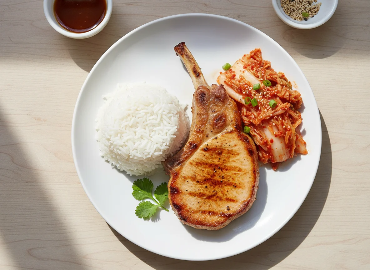 Pork Chop with Rice and Kimchi photo